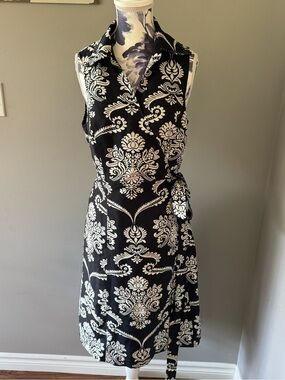 Y2K Ann Taylor Black & White Damask Midi Wrap Dress
